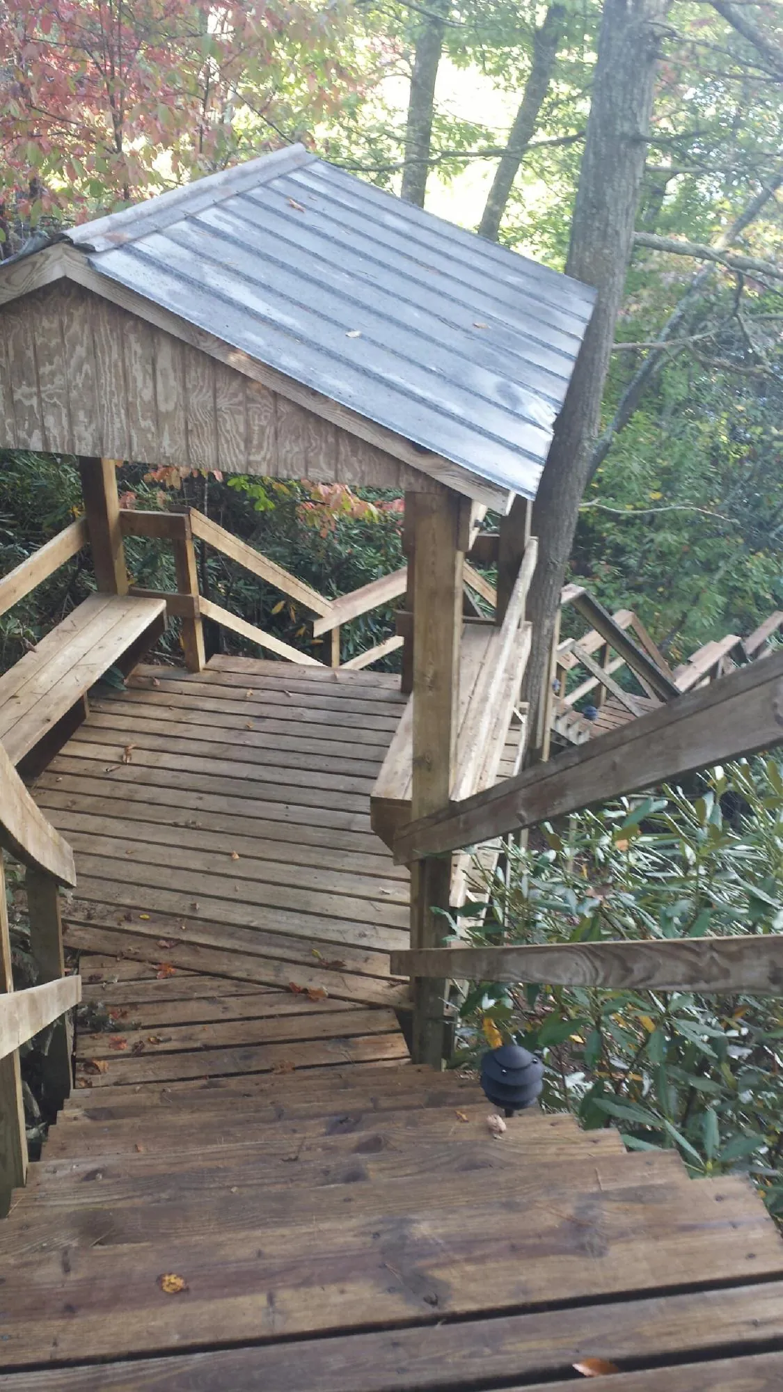 Metal roofed shelter over wooden steps on a wooded walkway — Skylight Repair & Installation work by our crew in Three Rivers